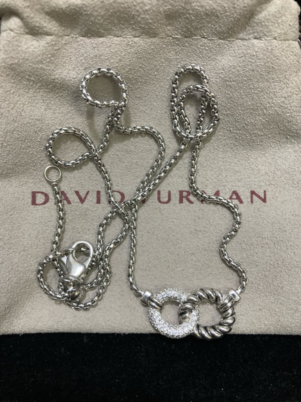 Authentic David Yurman Silver Interlocking Circle Necklace with Pave Accent